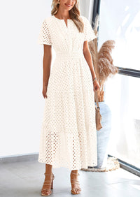 Short Sleeve V Neck Hollow Out Eyelet A Line Long Beach Maxi Dress