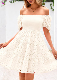 Puff Sleeve Off Shoulder Eyelet Smocked A Line Casual Babydoll Mini Dress