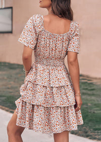 Floral Square Neck Short Sleeve Tiered Ruffle Boho Dresses