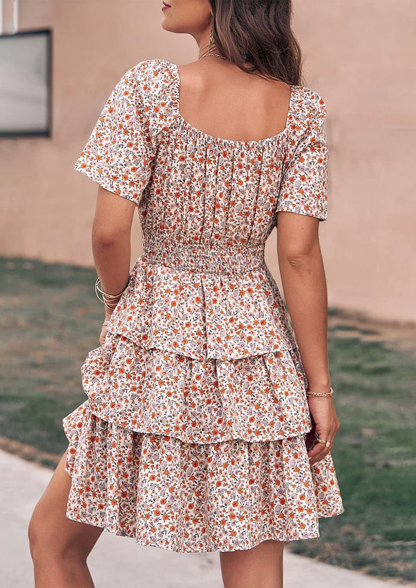 Floral Square Neck Short Sleeve Tiered Ruffle Boho Dresses