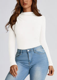 Y2K Long Sleeve Mock Neck Ruched Slim Fitted Casual Blouses