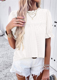 Casual Crew Neck Ruffle Short Sleeve Eyelet Babydoll Blouse