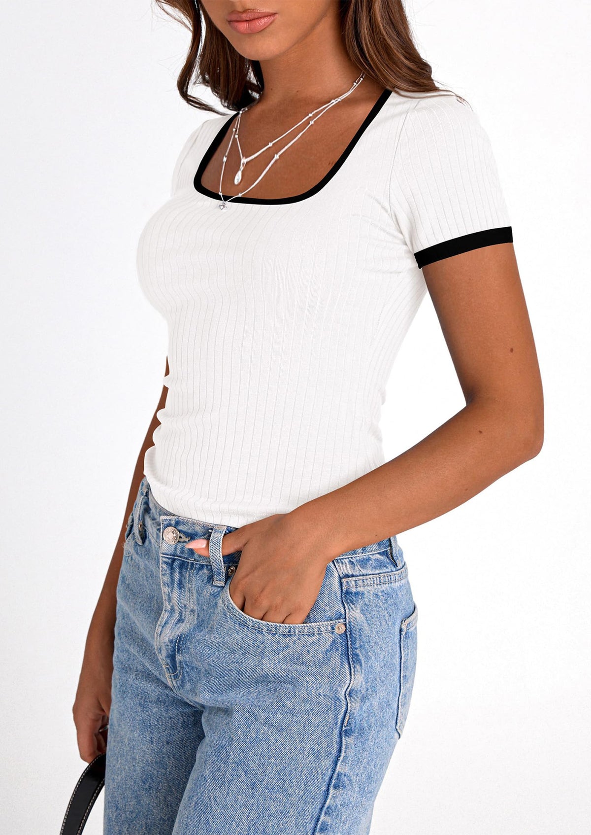 Casual Short Sleeve Ribbed Knit Square Neck Color Block Slim Fit Basic Crop T-shirts