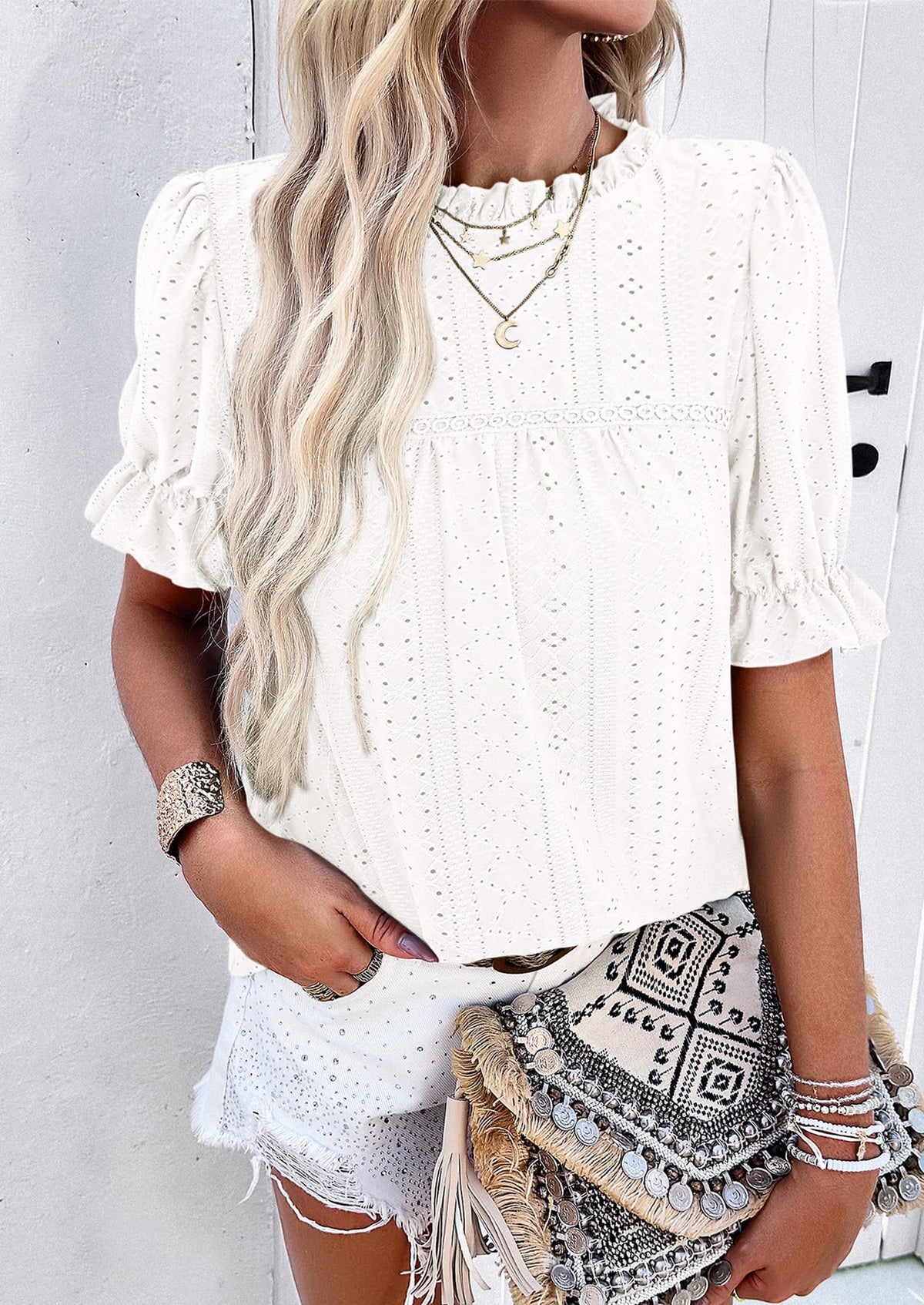 Casual Crew Neck Ruffle Short Sleeve Eyelet Babydoll Blouse