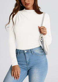 Y2K Long Sleeve Mock Neck Ruched Slim Fitted Casual Blouses