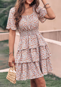 Floral Square Neck Short Sleeve Tiered Ruffle Boho Dresses