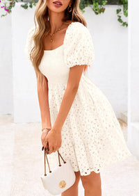 Puff Sleeve Off Shoulder Eyelet Smocked A Line Casual Babydoll Mini Dress