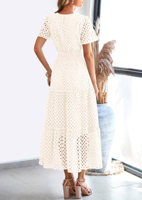 Short Sleeve V Neck Hollow Out Eyelet A Line Long Beach Maxi Dress
