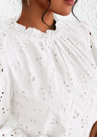 Casual Embroidered Long Puff Sleeve Ruffle Eyelet Lace Blouses