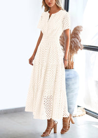 Short Sleeve V Neck Hollow Out Eyelet A Line Long Beach Maxi Dress