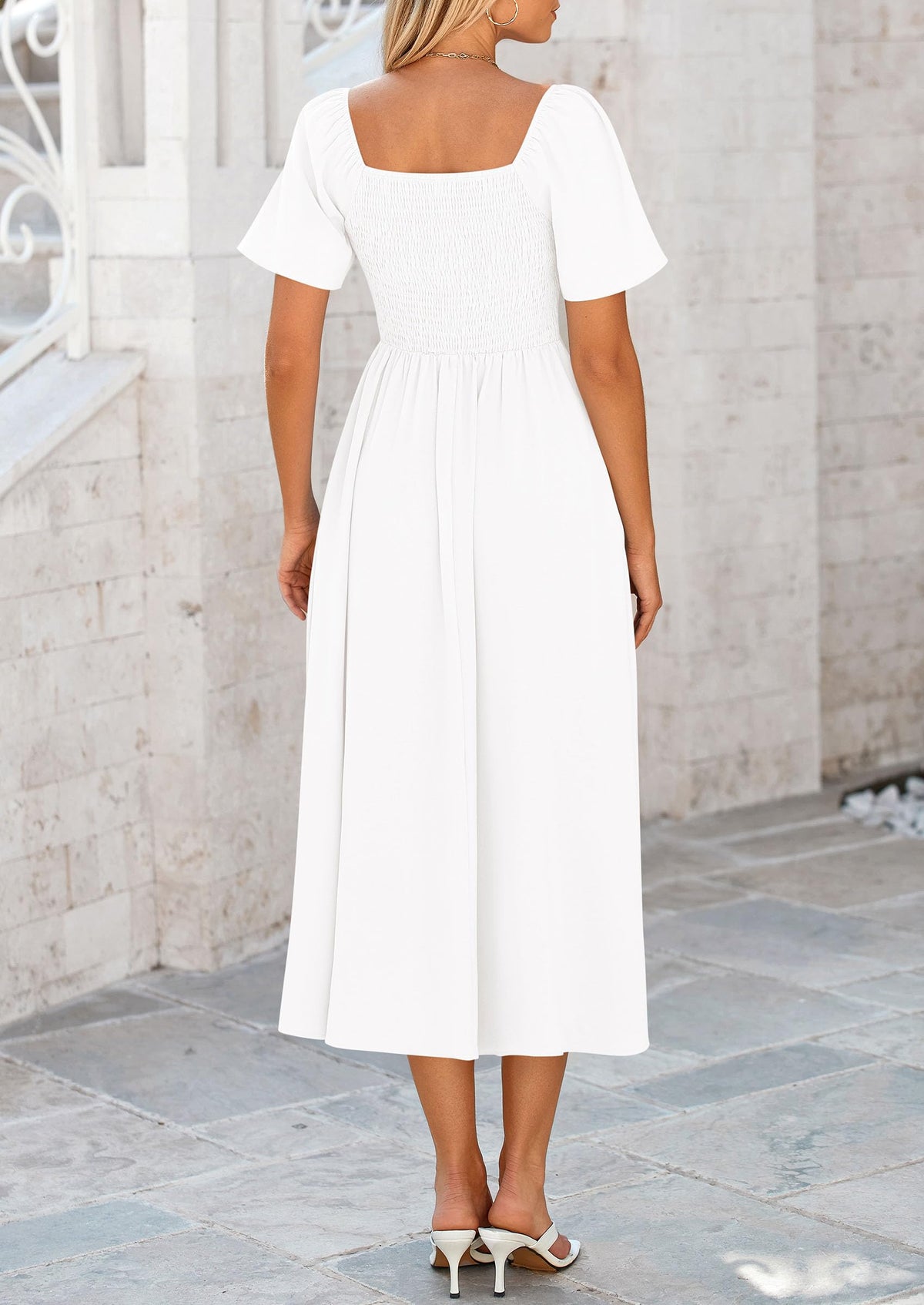 Casual Short Sleeve Bow Tie V Neck Ruffle Flowy Midi Dresses