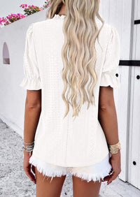 Casual Crew Neck Ruffle Short Sleeve Eyelet Babydoll Blouse