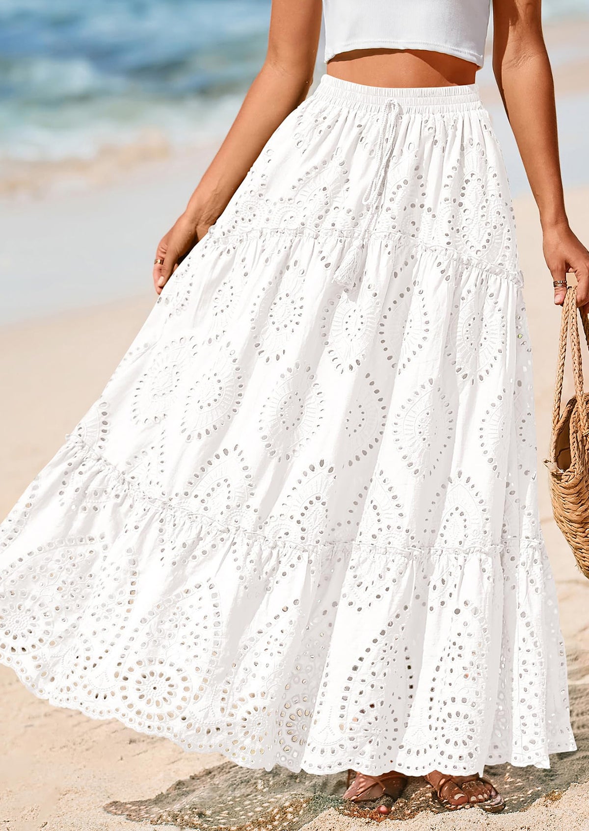 Bohemian Casual Lace Embroidered Eyelets A-Line Beach Long Dress