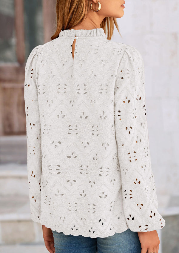 Casual Embroidered Long Puff Sleeve Ruffle Eyelet Lace Blouses