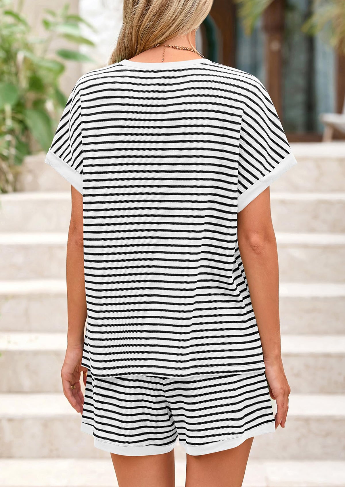 Striped Short Sleeved Top Casual Shorts Two-Piece Set