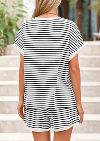 Striped Short Sleeved Top Casual Shorts Two-Piece Set