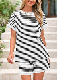 Striped Short Sleeved Top Casual Shorts Two-Piece Set
