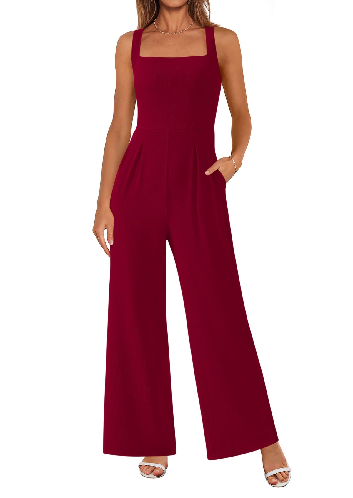 Sleeveless Dressy Square Neck Wide Leg Pants Knitted with Pockets Jumpsuits