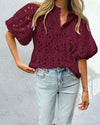 PRETTYGARDEN Women's Summer Short Sleeve Tops 2025 Dressy Casual Buttons V Neck Hollow Out Lace Embroidered Blouses Shirts