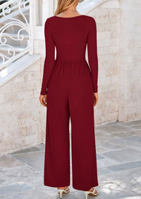 Solid Color Casual Long Sleeve Wide Leg Pants Jumpsuits