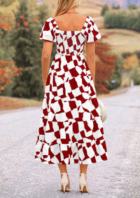 Off Shoulder Puff Sleeve Print Smocked Ruffle Beach Flowy Boho Midi Dress