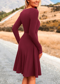 Ribbed Knit Crew Neck Long Sleeve A-Line Flowy Casual Elegant Mini Dresses