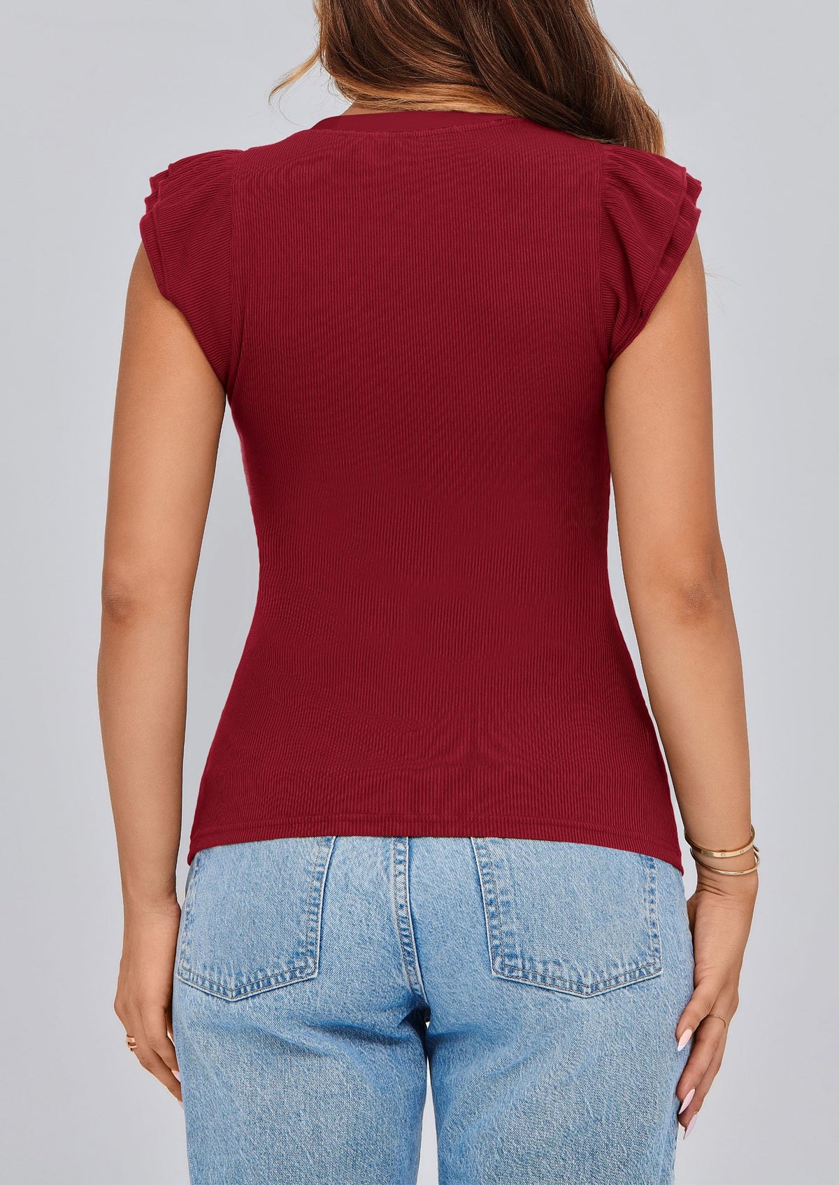 V Neck Ruffle Sleeveless Slim Fit Casual T-shirts
