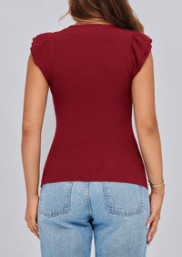V Neck Ruffle Sleeveless Slim Fit Casual T-shirts