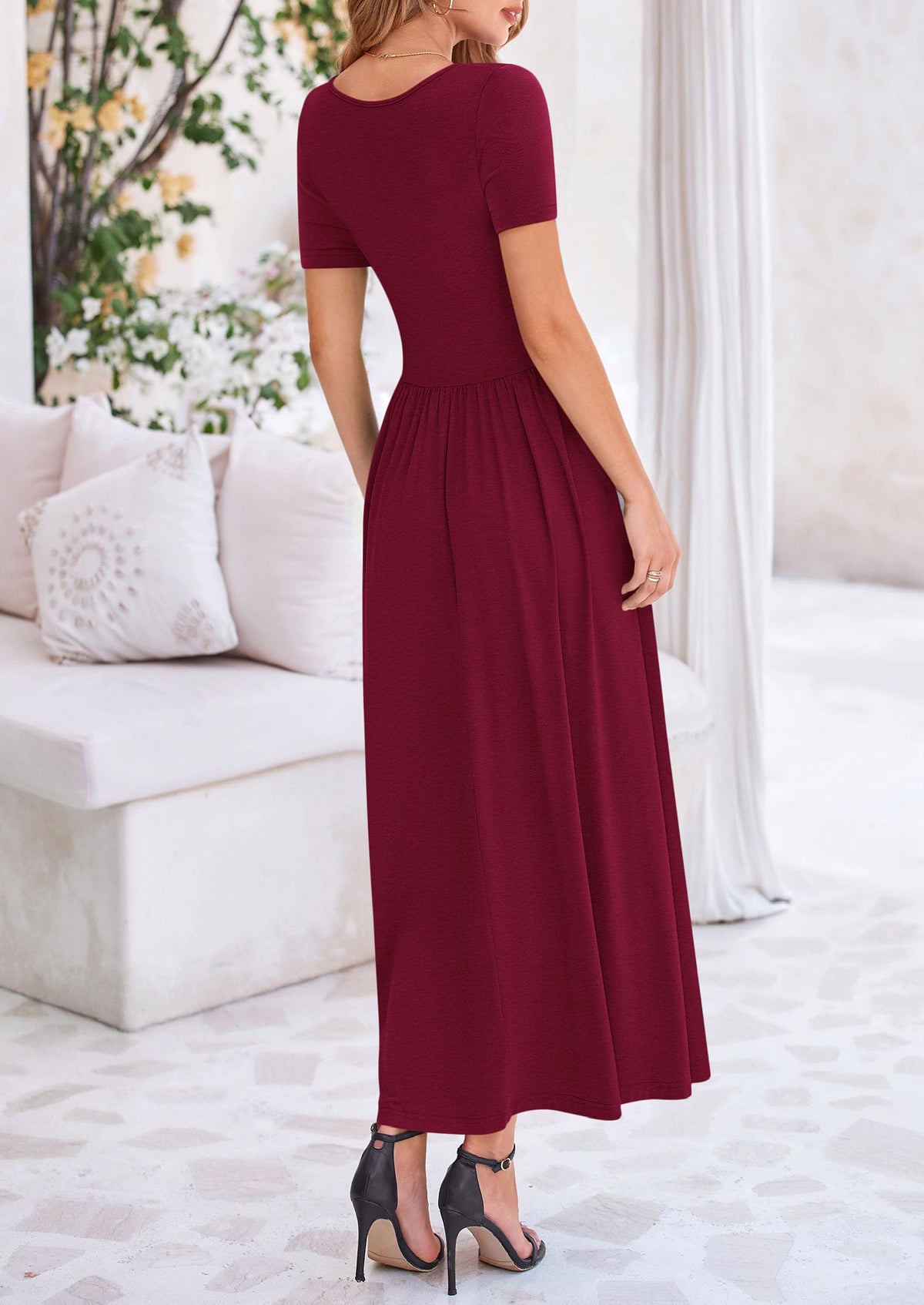 Casual Short Sleeve Ruched Patchwork A Line Pleated Swing Maxi Dresses with Pockets
