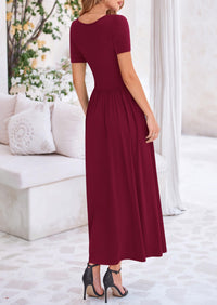 Casual Short Sleeve Ruched Patchwork A Line Pleated Swing Maxi Dresses with Pockets