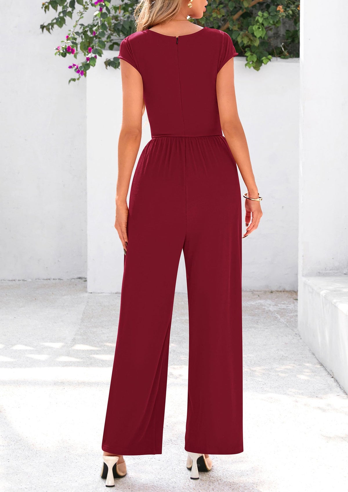 Dressy Ribbed Cap Sleeve Wide Leg Pants Elegant Casual Jumpsuits
