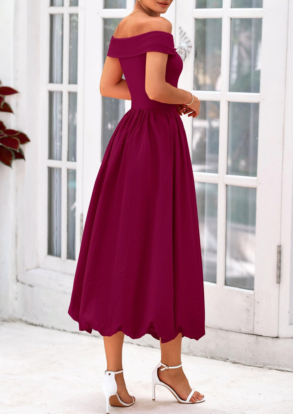 Off Shoulder Sleeveless A Line Midi Dress with Pockets