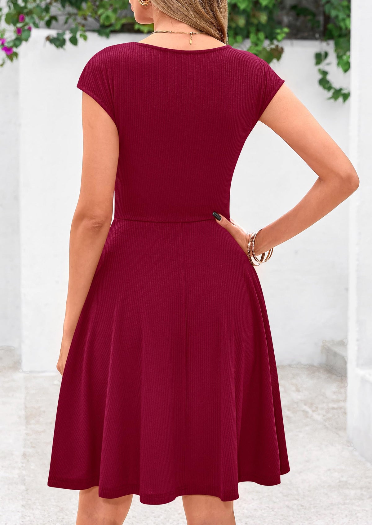 Crew neck Cap Sleeve Ribbed Knit Casual Flowy A Line Mini Dress with Pockets