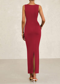 Sleeveless Ruched Bodycon Slit Long Maxi Dresses