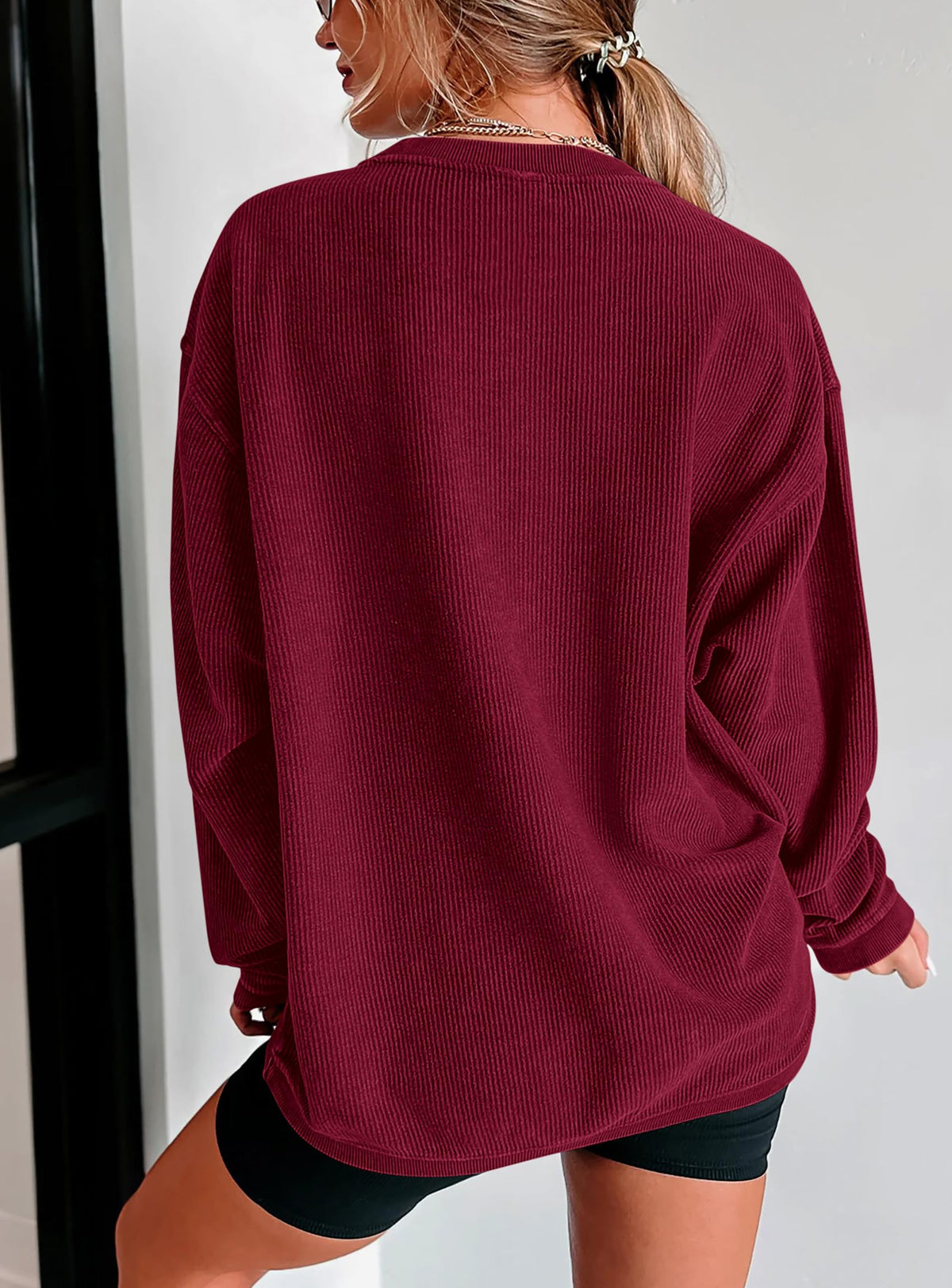 Ribbed Corduroy Crew Neck Long Sleeve Loose Fit Casual Oversized Sweatshirt
