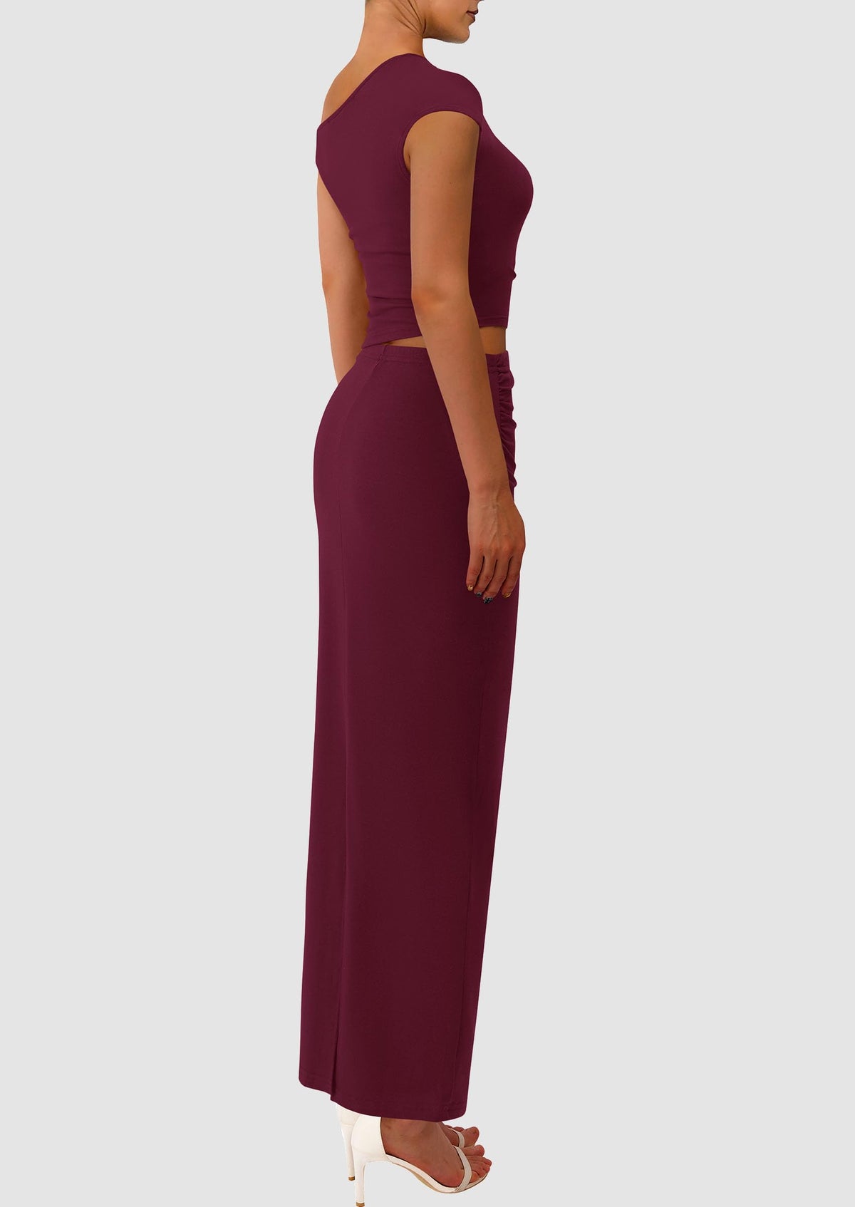 One Shoulder Sleeveless Ruched Slit Bodycon Two Piece Skirt Set