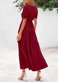 Casual Short Sleeve V Neck Tiered Flowy Beach Vacation Maxi Dress with Pockets