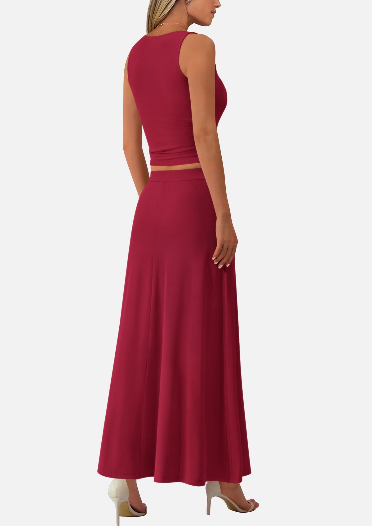 Crop Tank Top Flowy Midi Skirts Ribbed Knit Casual Two Piece Skirt Set