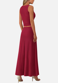 Crop Tank Top Flowy Midi Skirts Ribbed Knit Casual Two Piece Skirt Set