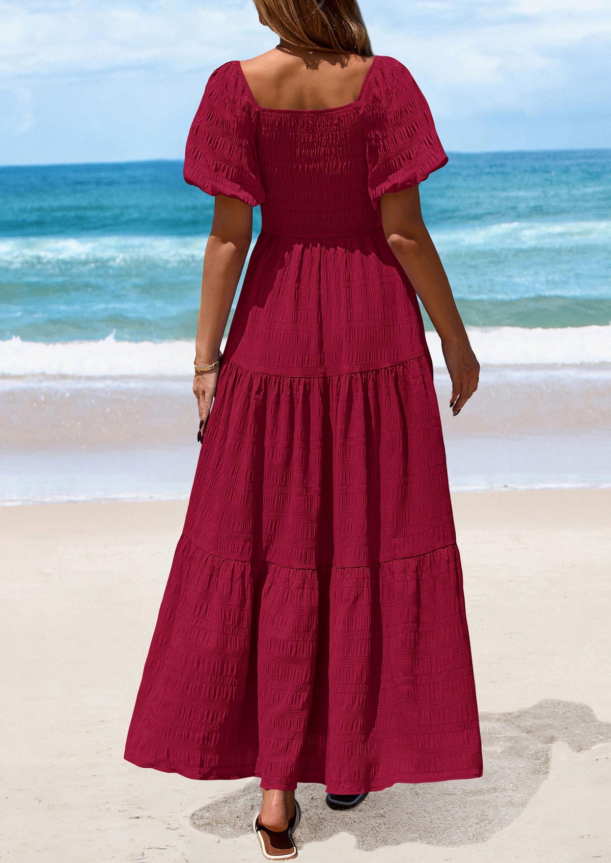 Puff Short Sleeve Square Neck Smocked Tiered Ruffle A Line Flowy Beach Maxi Dresses