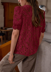 Lace Puff Sleeve Casual Dressy Eyelet Crew Neck Button Down Blouses