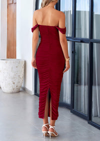 Off The Shoulder Ruched Bodycon Sleeveless Split Maxi Dresses