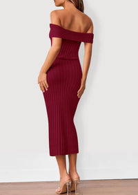 Off The Shoulder Elegant Ribbed Knit Bodycon Wedding Guest Sweater Midi Dresses