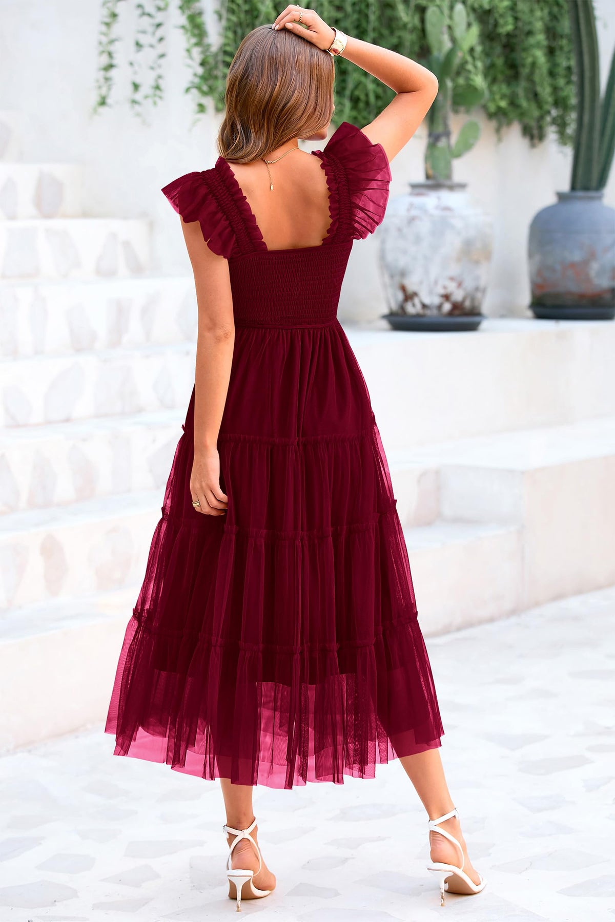 Casual Sleeveless Smocked Ruffle Tulle Flowy Beach Sundress