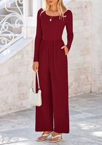 Solid Color Casual Long Sleeve Wide Leg Pants Jumpsuits