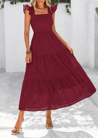 Square Neck Cap Sleeve Eyelet Smocked Tiered A Line Maxi Dresses with Pockets