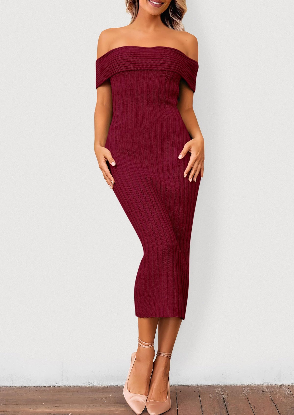 Off The Shoulder Elegant Ribbed Knit Bodycon Wedding Guest Sweater Midi Dresses