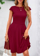 Crew neck Cap Sleeve Ribbed Knit Casual Flowy A Line Mini Dress with Pockets