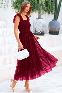 Casual Sleeveless Smocked Ruffle Tulle Flowy Beach Sundress