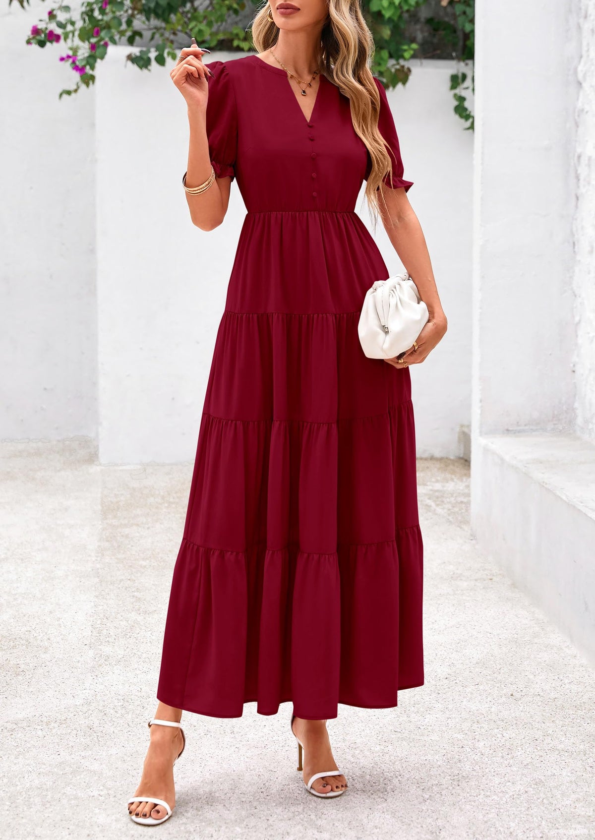 Casual Short Sleeve V Neck Tiered Flowy Beach Vacation Maxi Dress with Pockets